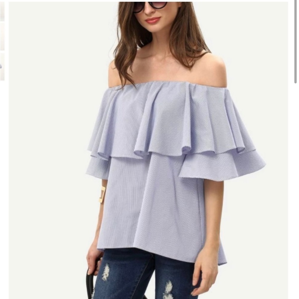 SHEIN ruffle off the shouldered blue checkered top Large NWOT​